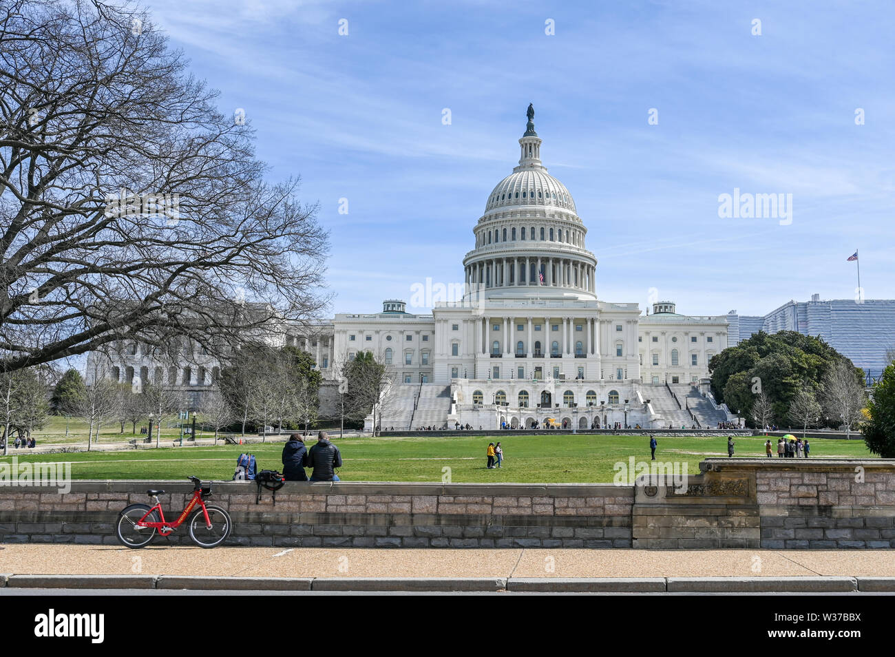 United States Capitol and Capitol Hill viewed from the National Mall. The Capitol building is the home of US Congress. Stock Photo