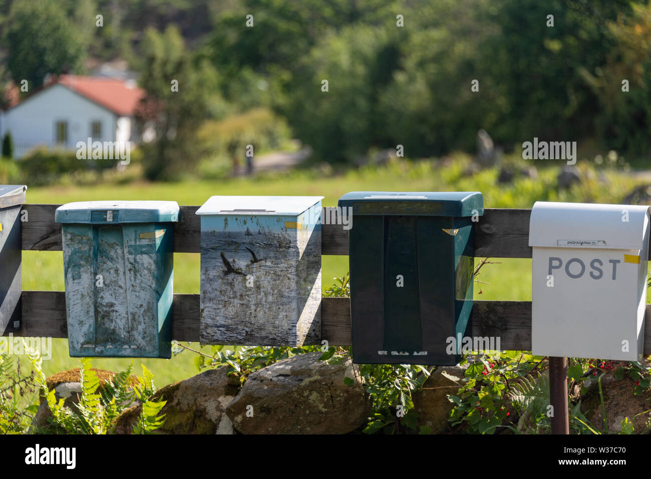 Resö, Sweden - July 10, 2019: Typical mailboxes in Sweden. Stock Photo