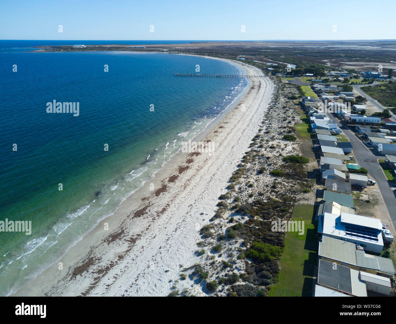 Aerial of holiday beach front shacks Arno Bay Eyre Peninsula South