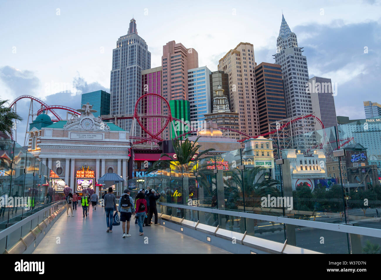 New York New York hotel and casino in Las Vegas Strip at sunset, with famous replica buildings Stock Photo