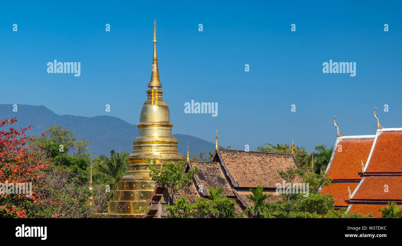 Wat Phra Singh temple in Chiang Mai, Northern Thailand. Top view panorama shot Stock Photo