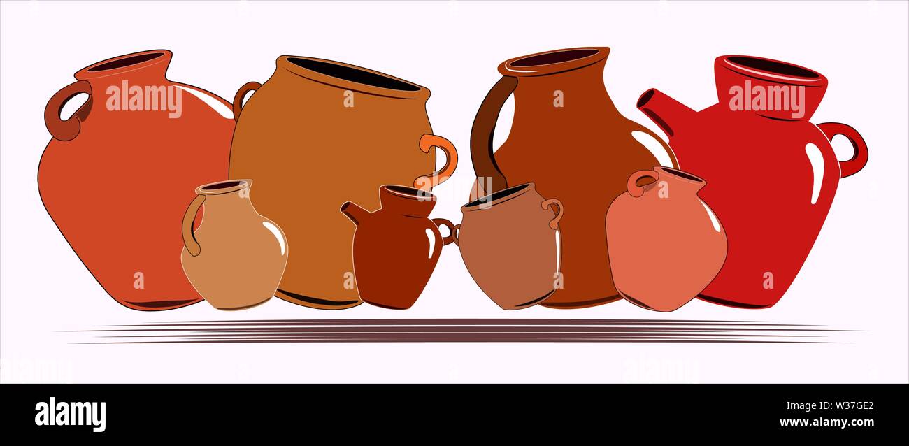 Flat drawing of ceramic jugs. Tableware for drinks. Ceramic jug. Isolated, white. Vector Stock Vector