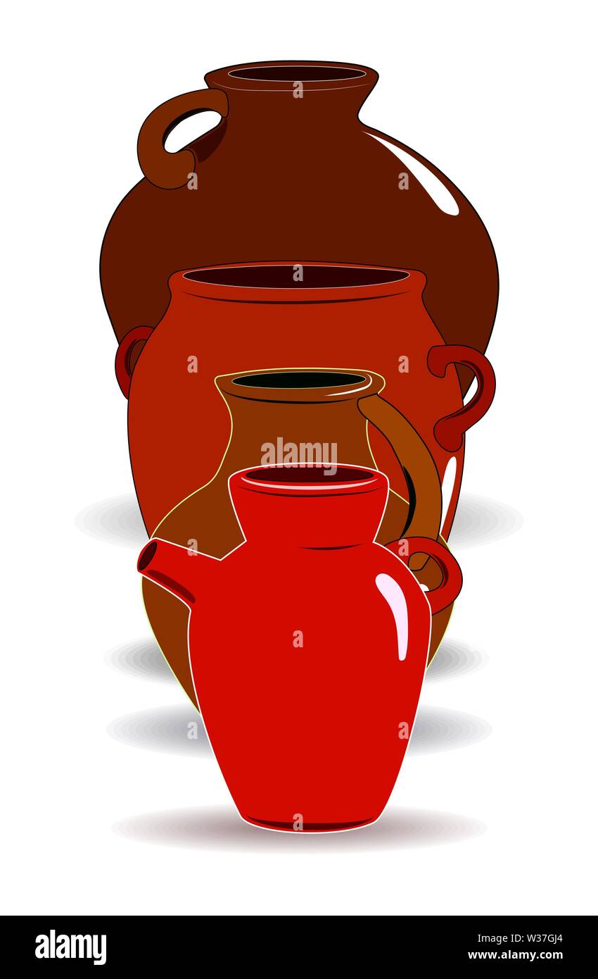 Flat drawing of ceramic jugs. Tableware for drinks. Ceramic jug. Isolated, white. Vector Stock Vector