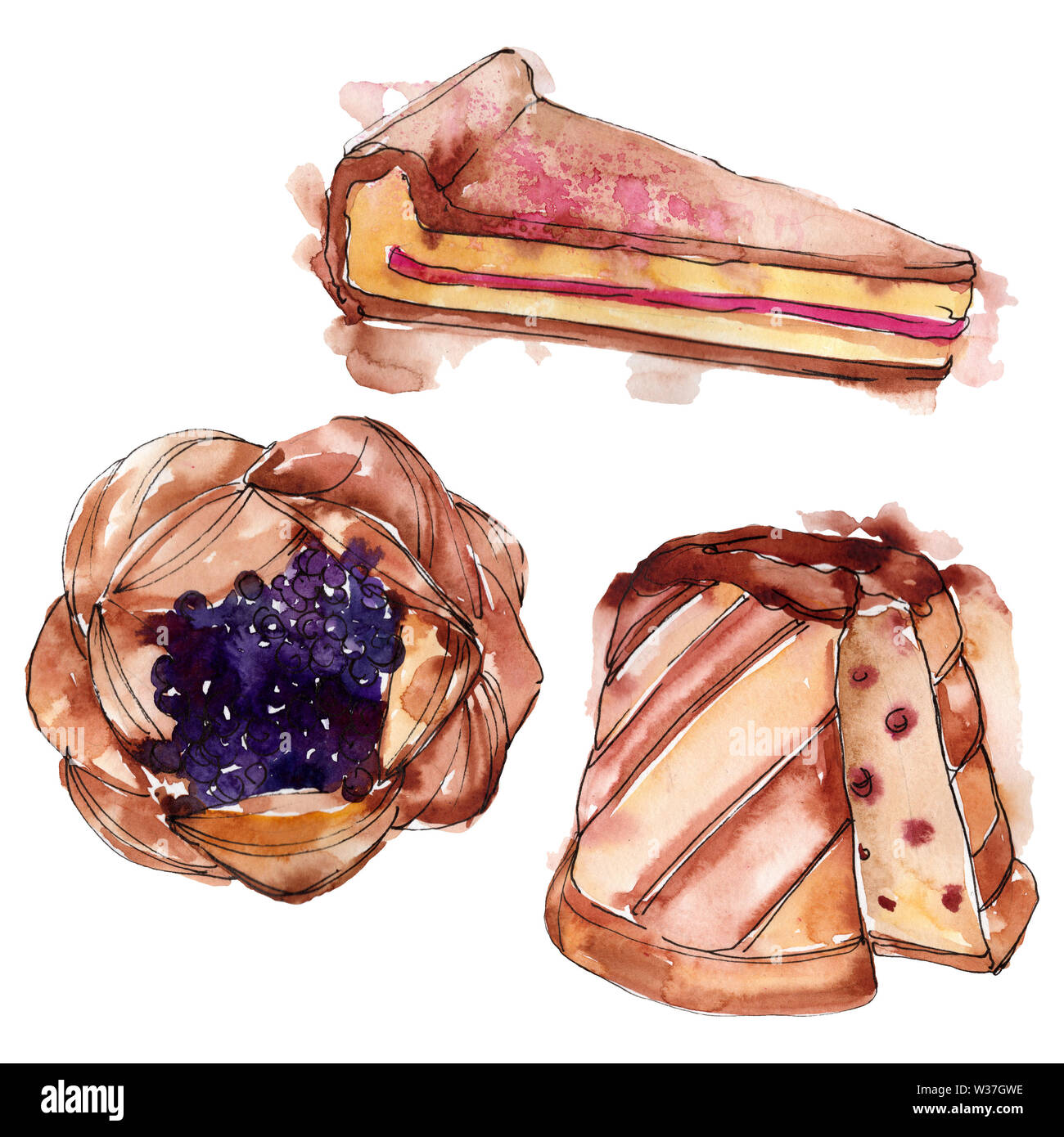 Tasty cake and bun sweet dessert. Watercolor background illustration ...