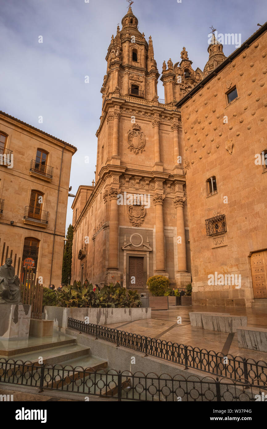 Tower of the new cathedral of Salamanca and to the left statue of Maestro Salinas a famous musician in a plaza Salamanca Spain Stock Photo