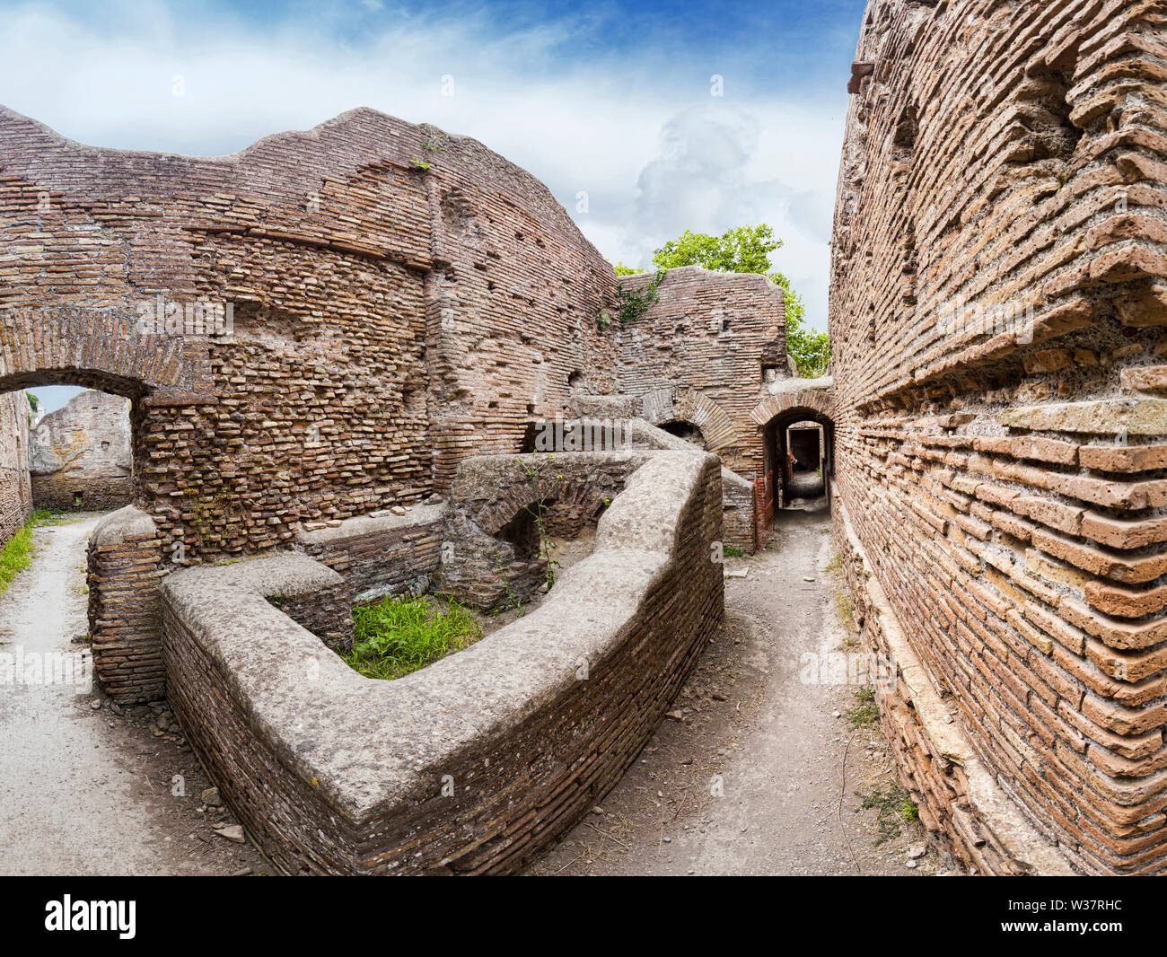 Immersive 3x3 street view in the ancient Roman ruin at archaeological excavations in the village in Ostia Antica - Rome Stock Photo