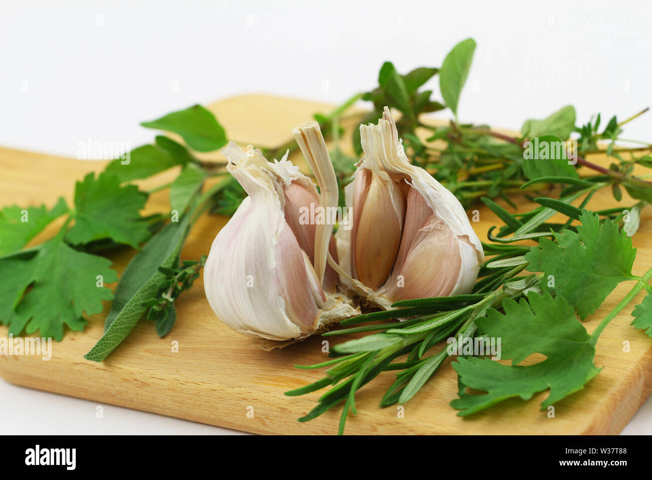 Closeup of garlic cloves and bunch of fresh herbs on wooden board Stock Photo