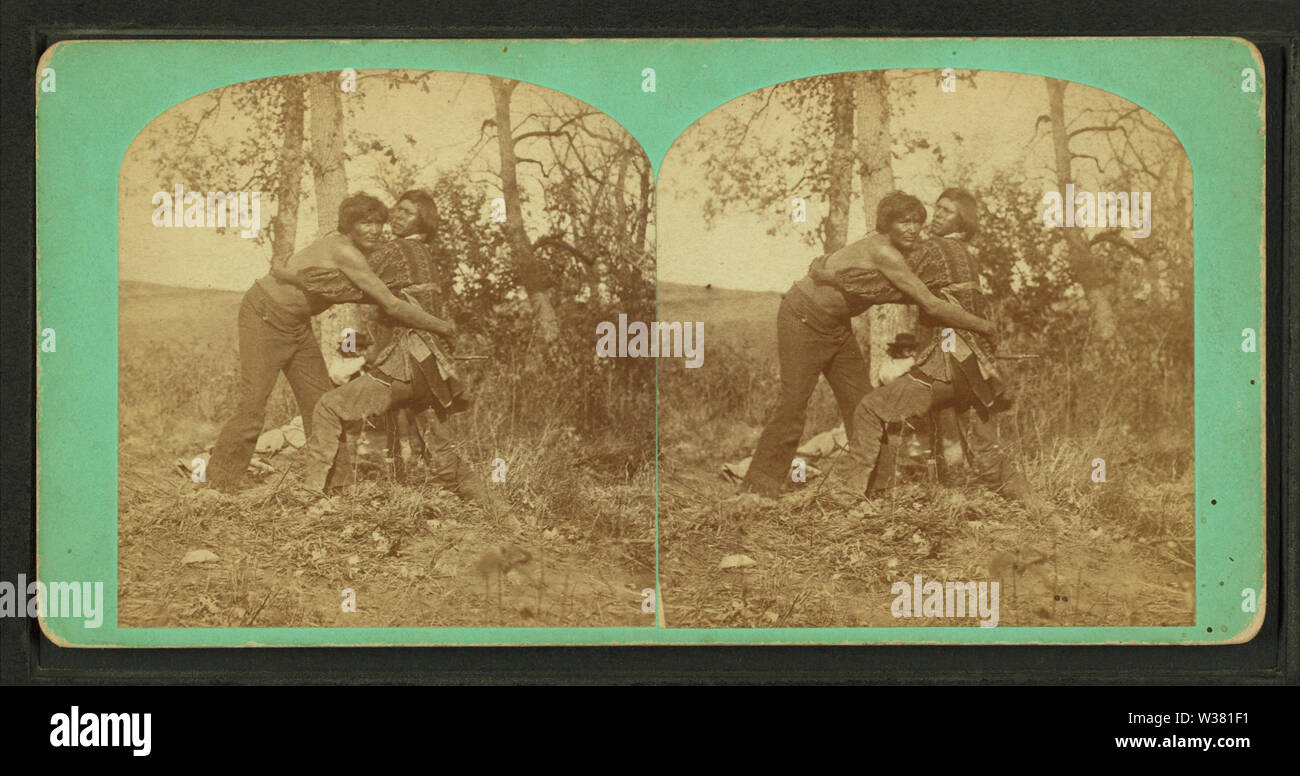 Two Winnebago men wrestling, from Robert N Dennis collection of stereoscopic views Stock Photo