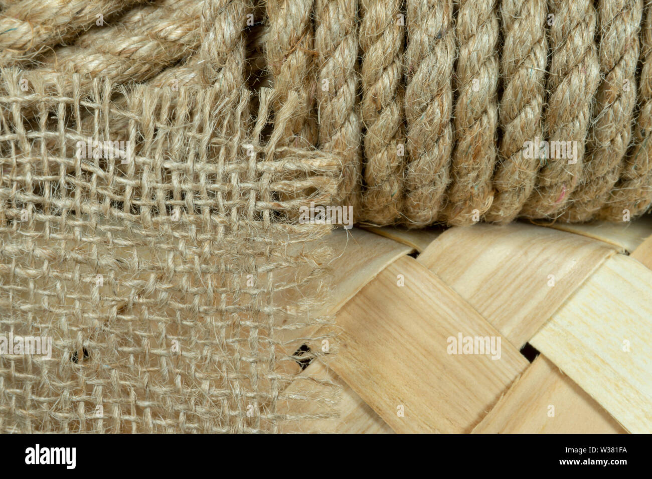Eco friendly biodegradable natural jute rope on tipped wicker basket. Zero waste and eco