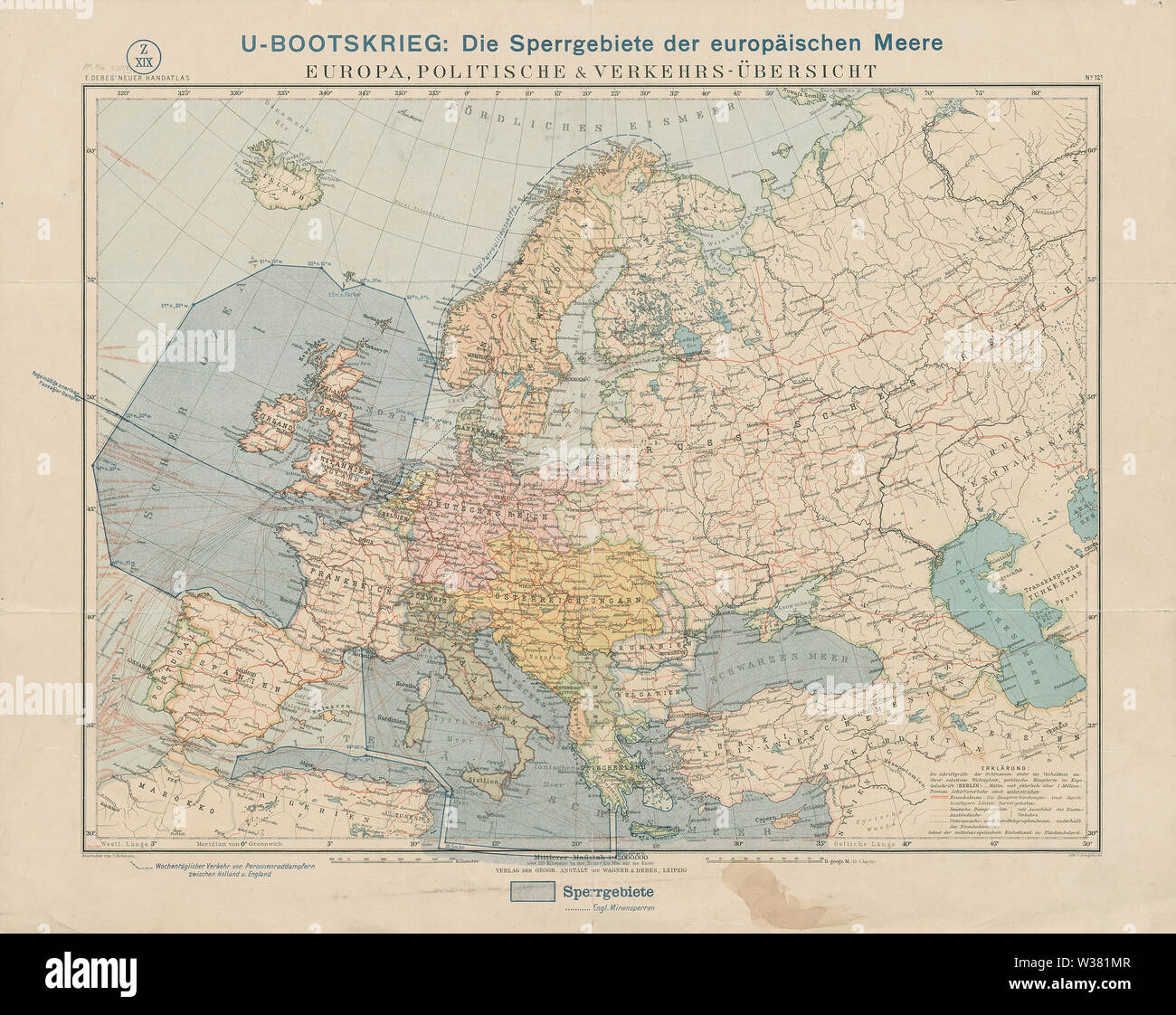 U-Bootskrieg - Die Sperrgebiete der europäischen Meere (Verkehrsübersicht) Stock Photo