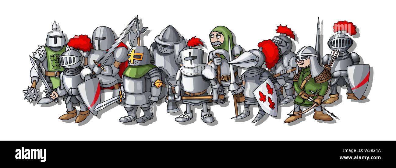 Kingdom war formation. Cartoon illustration of different knights sketch Stock Vector
