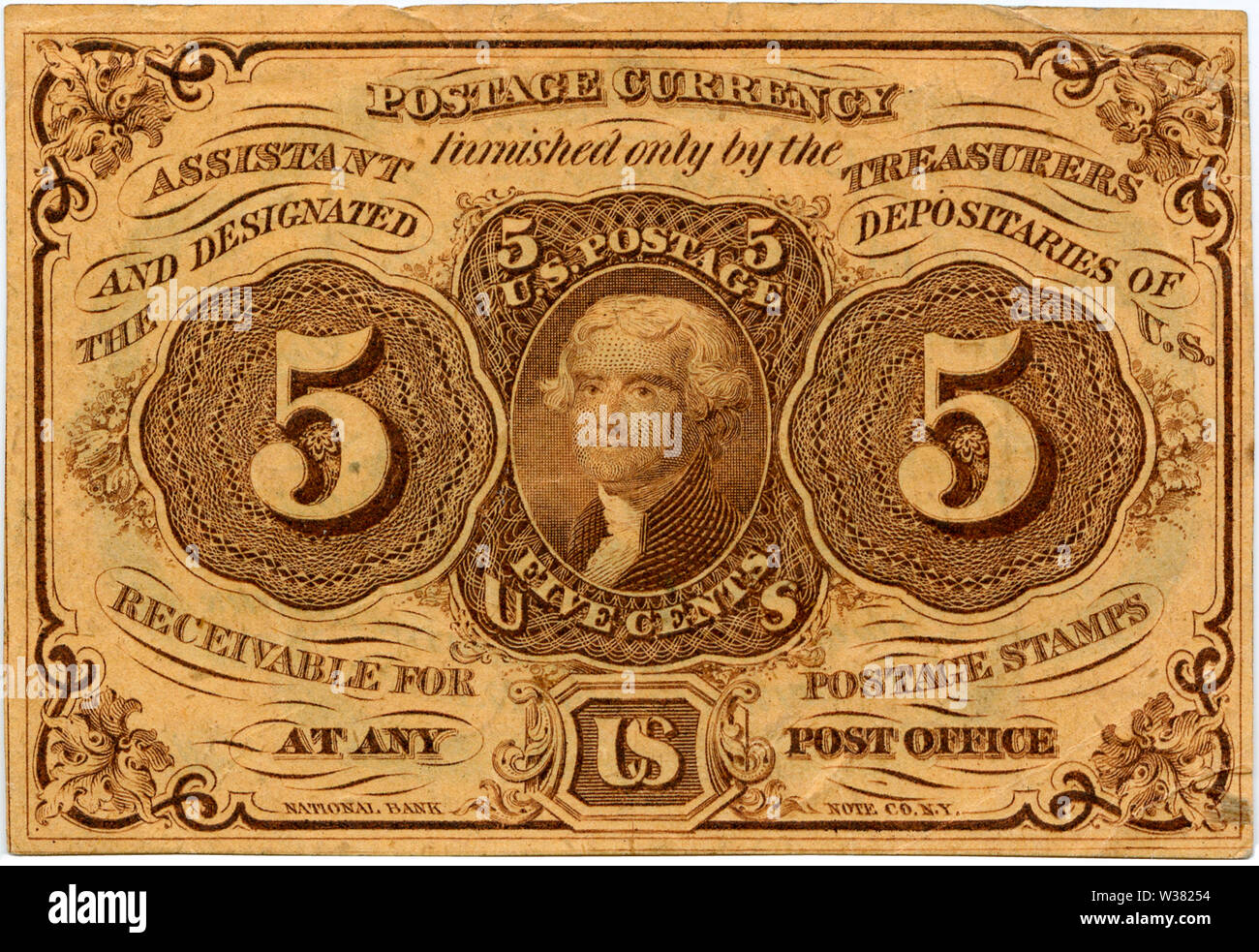 Five-cent US Postal Currency, first issue, featuring Thomas Jefferson. Gold, silver and copper coins were horded at the start of the  Civil War and postages stamps became a popular form of currency; however the adhesive back was a serious impediment. On July 17, 1862, Congress authorized printing of Postal Currency notes in the denominations of 5, 10, 25 and 50 cents. These notes could be redeemed for postage stamps or for a US bank note in the amount of five dollars or more. The  Postal Currency was succeeded by  Fractional Currency in 1863. The Post Office kept detailed records and 44,857,78 Stock Photo