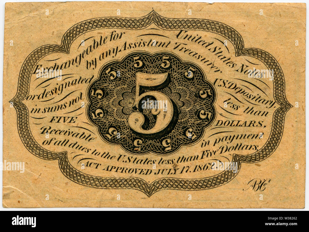 Five-cent US Postal Currency, first issue, featuring Thomas Jefferson. Gold, silver and copper coins were horded at the start of the  Civil War and postages stamps became a popular form of currency; however the adhesive back was a serious impediment. On July 17, 1862, Congress authorized printing of Postal Currency notes in the denominations of 5, 10, 25 and 50 cents. These notes could be redeemed for postage stamps or for a US bank note in the amount of five dollars or more. The  Postal Currency was succeeded by  Fractional Currency in 1863. The Post Office kept detailed records and 44,857,78 Stock Photo