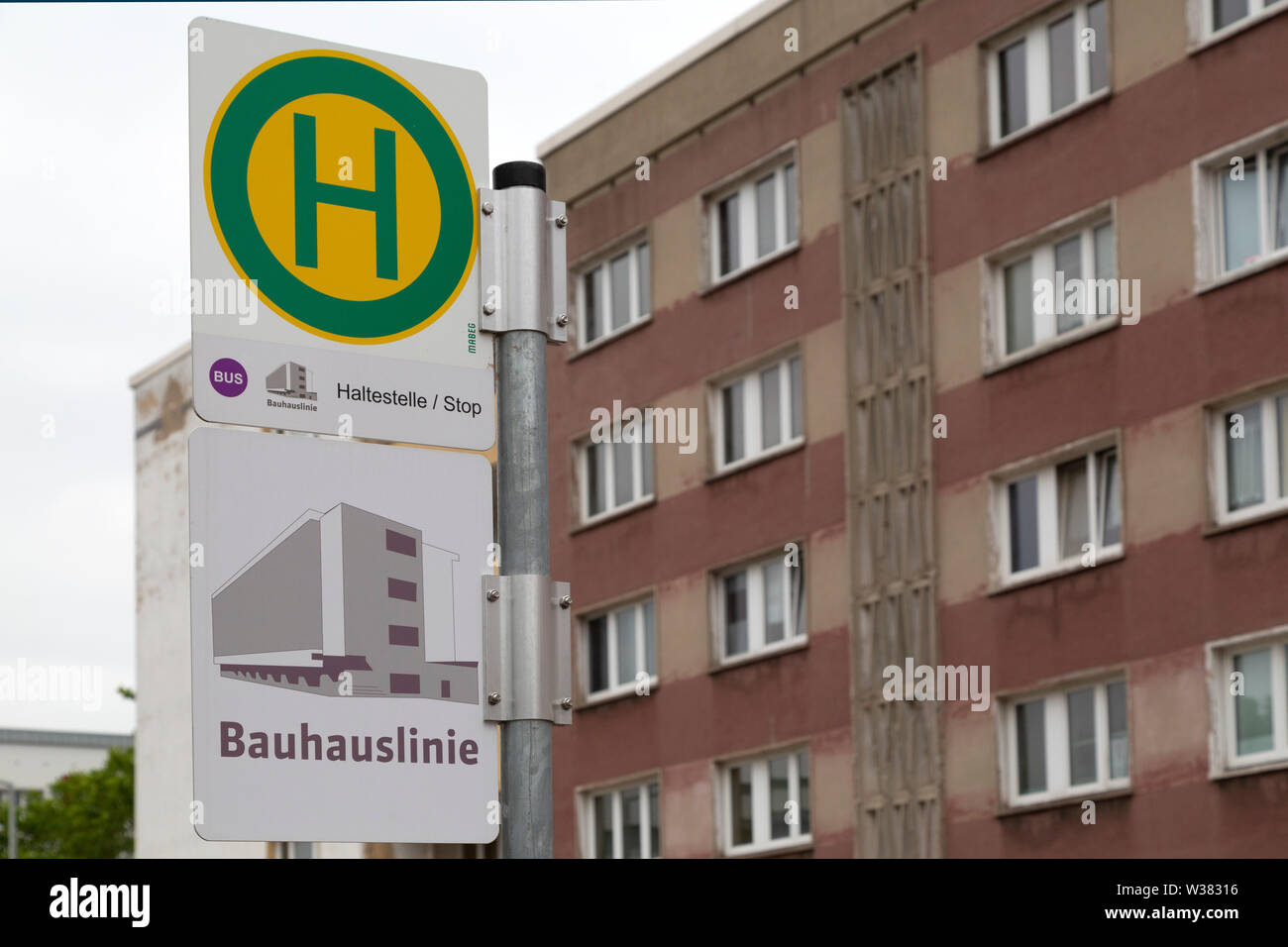 Bus stop in Dessau, Saxony Anhalt, Germany. The stop in on the Bauhaus Line (Line 10), passing Bauhaus-related sights of intertest. Stock Photo