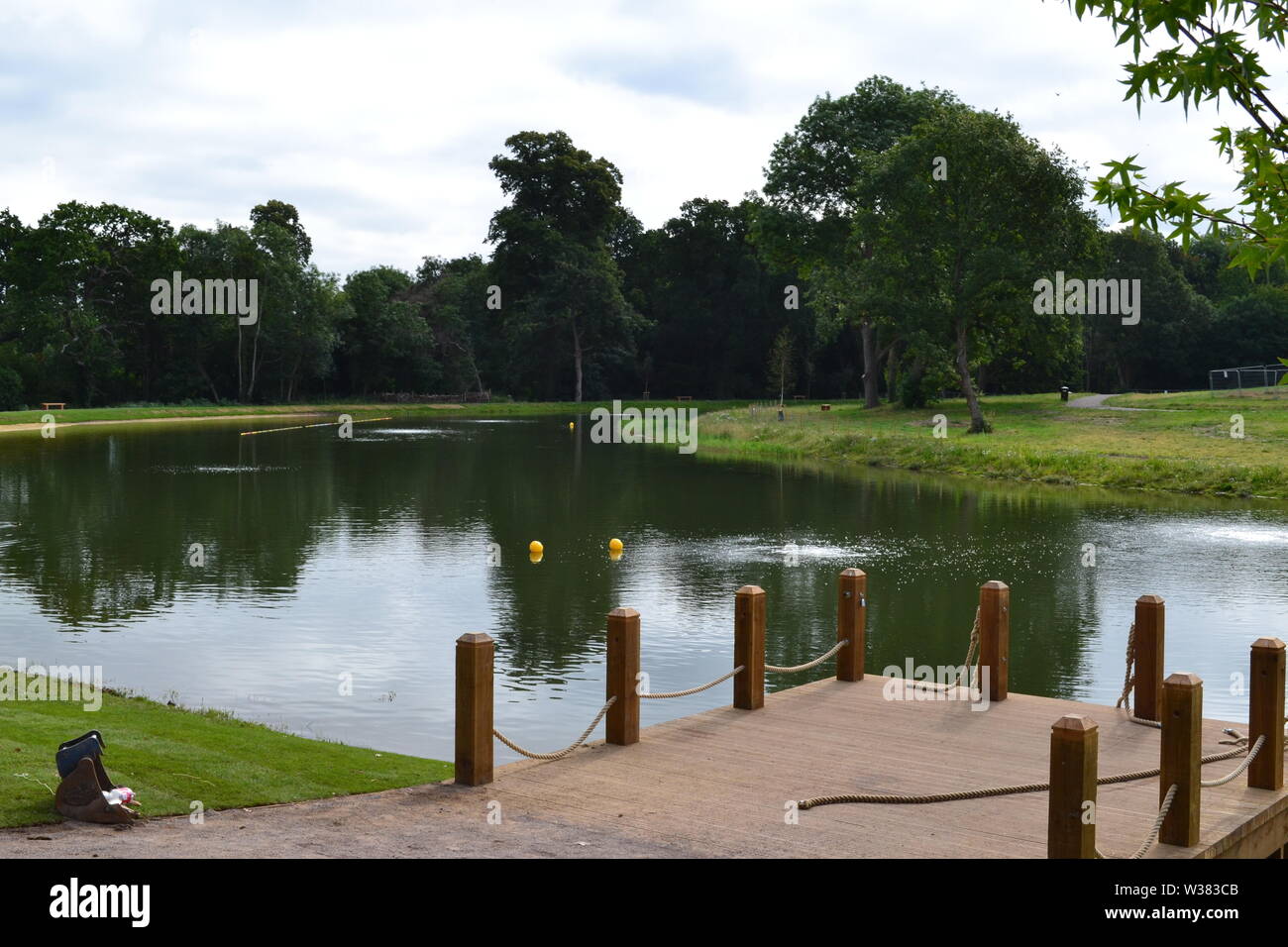 The reopened Beckenham Place Park with newly created 283m lake and beach, ancient woodlands, grasslands and mansion with bar, cafe and community rooms Stock Photo