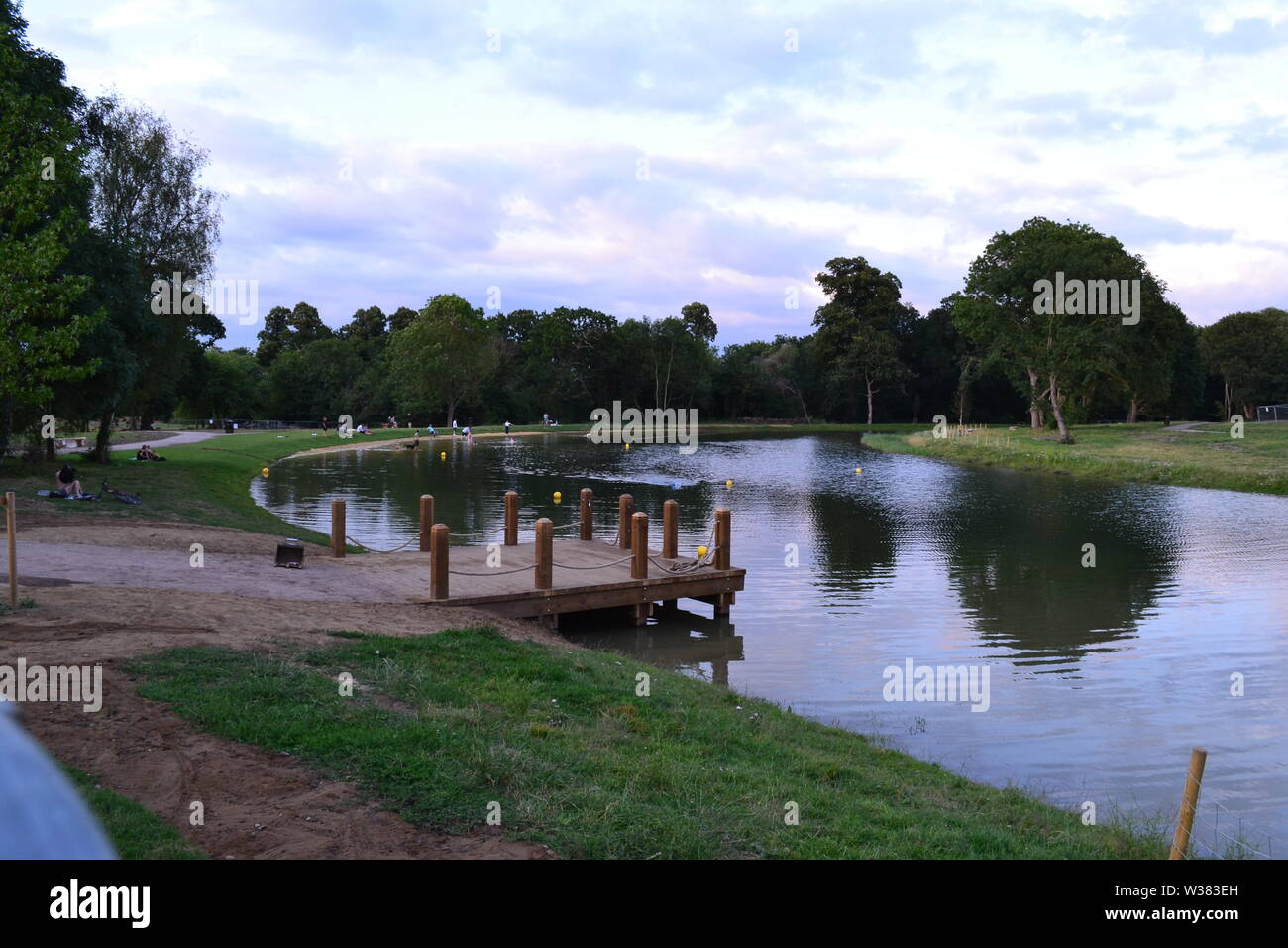 The reopened Beckenham Place Park with newly created 283m lake and beach, ancient woodlands, grasslands and mansion with bar, cafe and community rooms Stock Photo