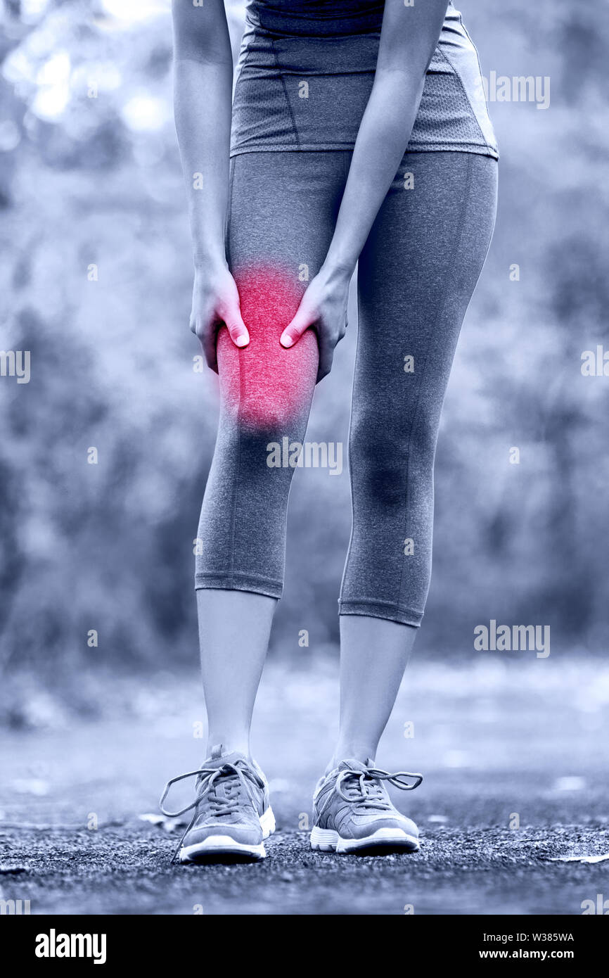 Muscle sports injury of female runner thigh. Woman running muscle