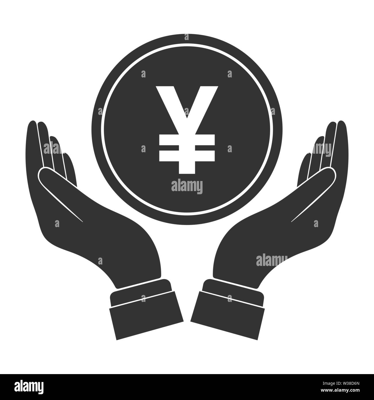 coin with a YUAN symbol falls into the palm of your hand. Flat design Stock Vector