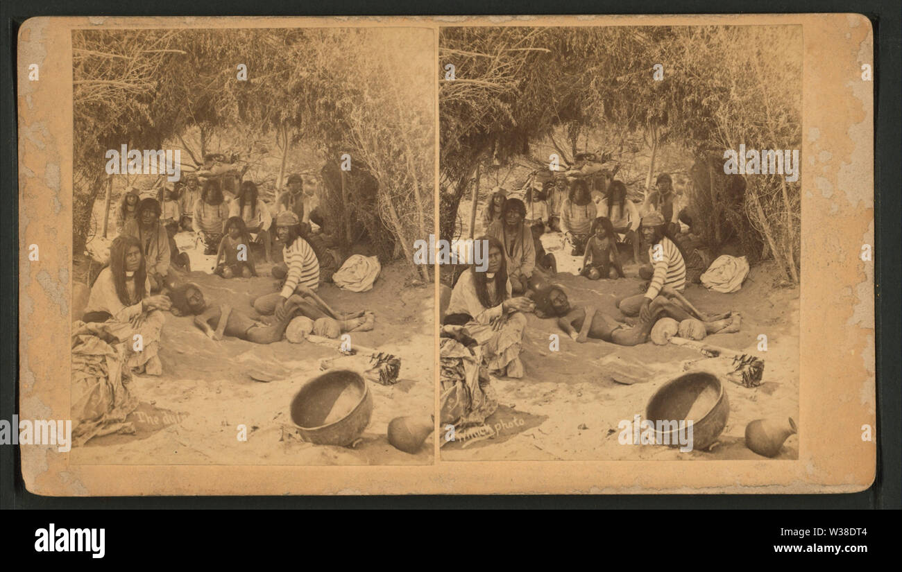 View of a group of Mohaves in a brush hut, one man very emaciated, entitled, by Wittick, Ben, 1845-1903 Stock Photo