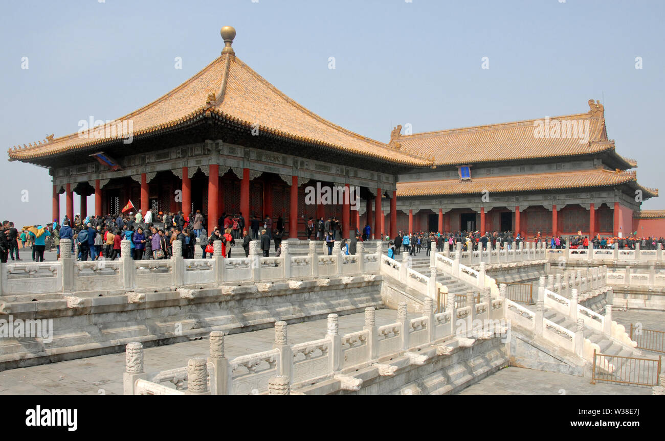 Forbidden City, Beijing, China. This is the Hall of Central Harmony and the Hall of Preserving Harmony. The Forbidden City has Chinese architecture. Stock Photo