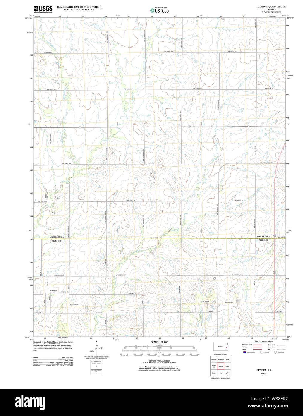 USGS TOPO Map Kansas KS Geneva 20120917 TM Restoration Stock Photo