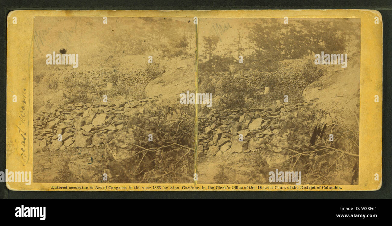 View of breastworks on Round Top, the hill which formed our extreme left at the Battle of Gettysburg, by Gardner, Alexander, 1821-1882 Stock Photo