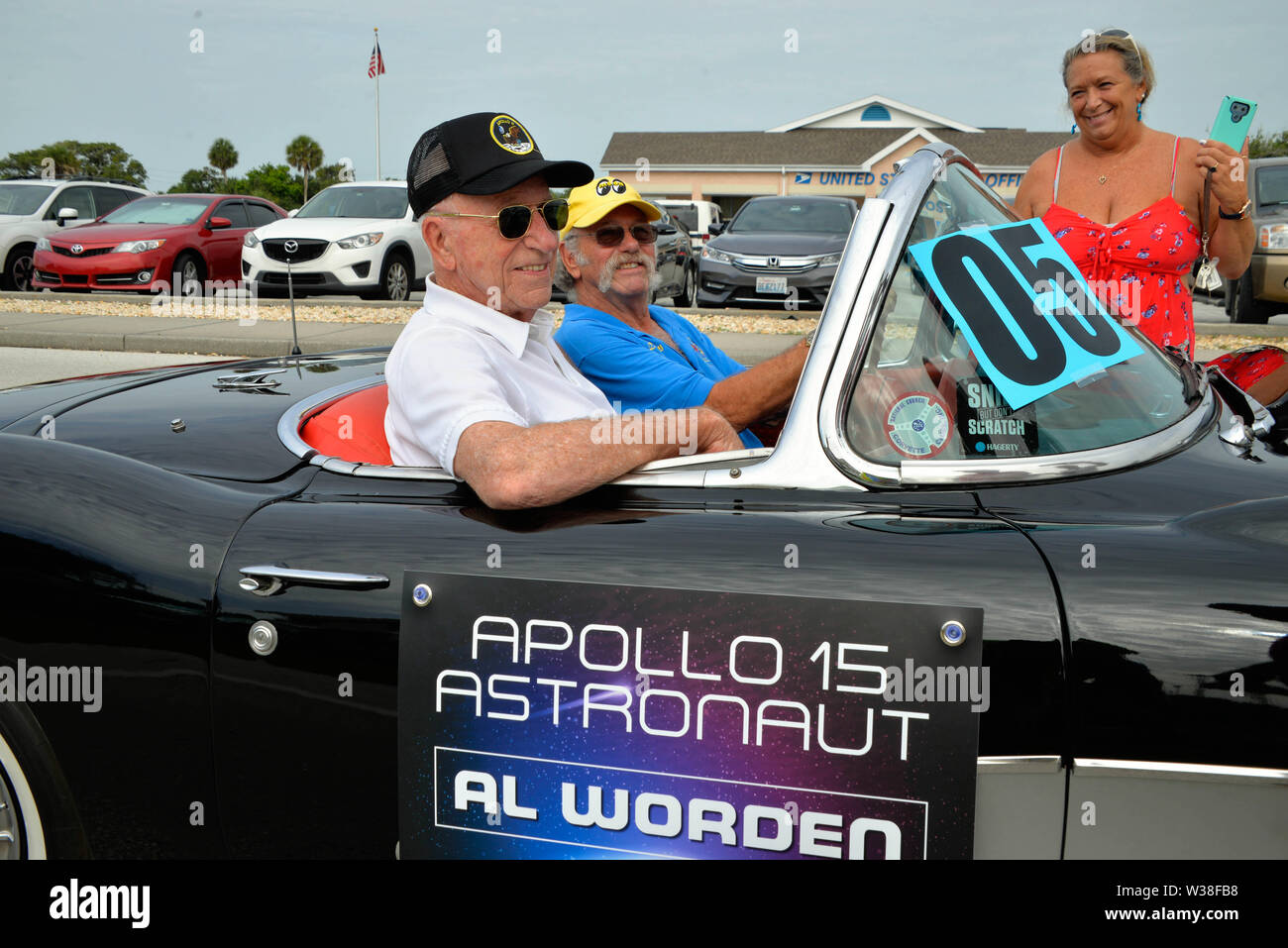 Cocoa Beach, Florida, USA. July 13, 2019. See our heroes as they ride through the City of Cocoa Beach in convertible Corvettes and witness the future of technology and innovation throughout the space industry! Former Apollo 15 Astronaut Al Worden with Space Shuttle Astronauts recreate the historic “Astronaut Corvette parade of the 60's.” Photo Credit: Julian Leek/Alamy Live News Stock Photo