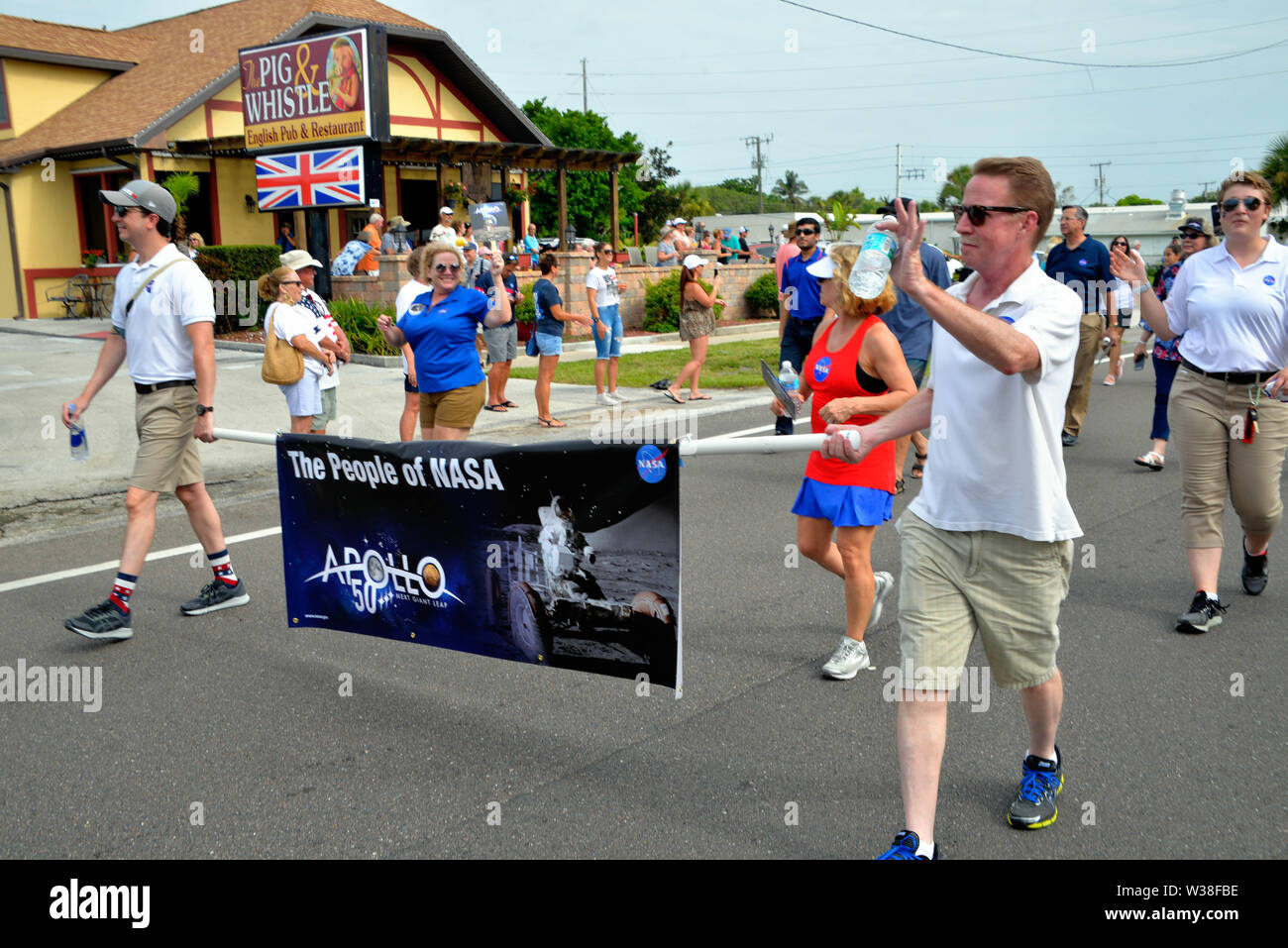 Cocoa Beach, Florida, USA. July 13, 2019. See our heroes as they ride through the City of Cocoa Beach in convertible Corvettes and witness the future of technology and innovation throughout the space industry! Former Apollo 15 Astronaut Al Worden with Space Shuttle Astronauts recreate the historic “Astronaut Corvette parade of the 60's.” Photo Credit: Julian Leek/Alamy Live News Stock Photo