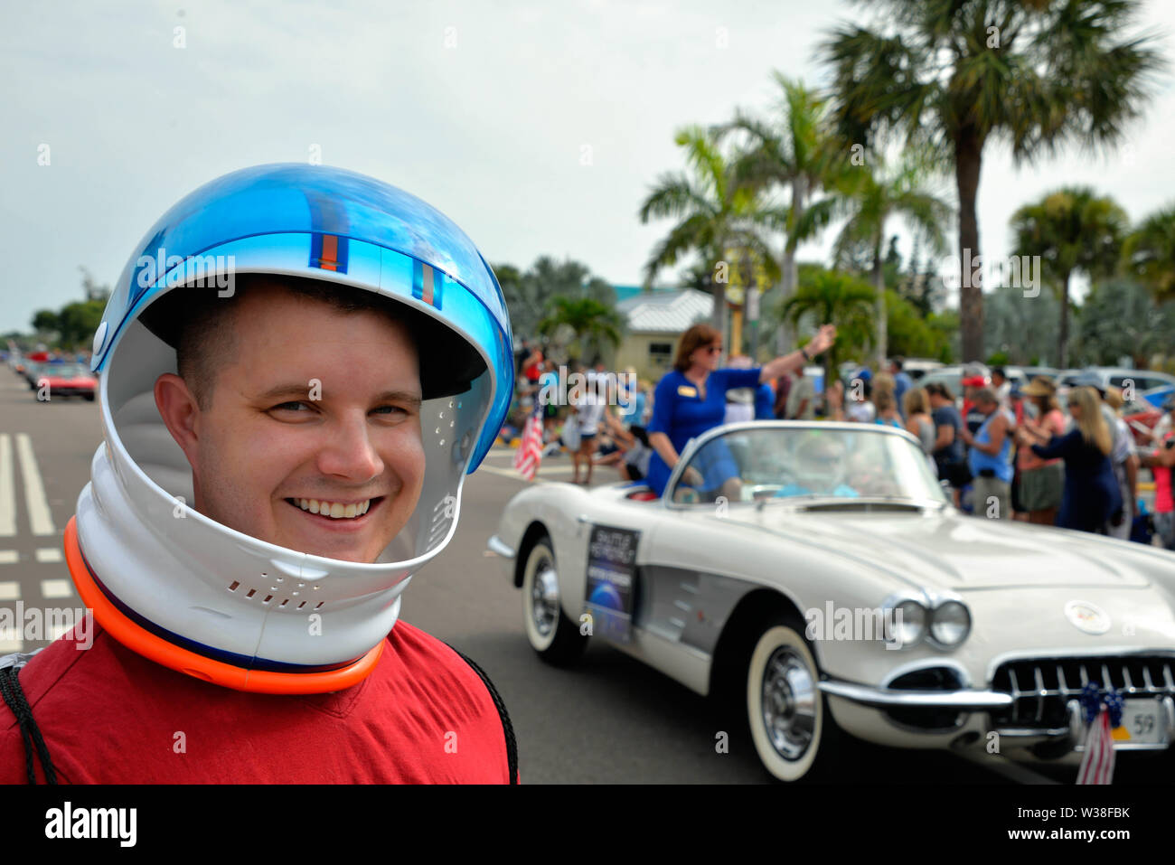 Cocoa Beach, Florida, USA. July 13, 2019. See our heroes as they ride through the City of Cocoa Beach in convertible Corvettes and witness the future of technology and innovation throughout the space industry! Former Apollo 15 Astronaut Al Worden with Space Shuttle Astronauts recreate the historic “Astronaut Corvette parade of the 60's.” Photo Credit: Julian Leek/Alamy Live News Stock Photo
