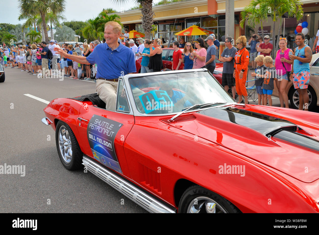 Cocoa Beach, Florida, USA. July 13, 2019. See our heroes as they ride through the City of Cocoa Beach in convertible Corvettes and witness the future of technology and innovation throughout the space industry! Former Apollo 15 Astronaut Al Worden with Space Shuttle Astronauts recreate the historic “Astronaut Corvette parade of the 60's.” Photo Credit: Julian Leek/Alamy Live News Stock Photo