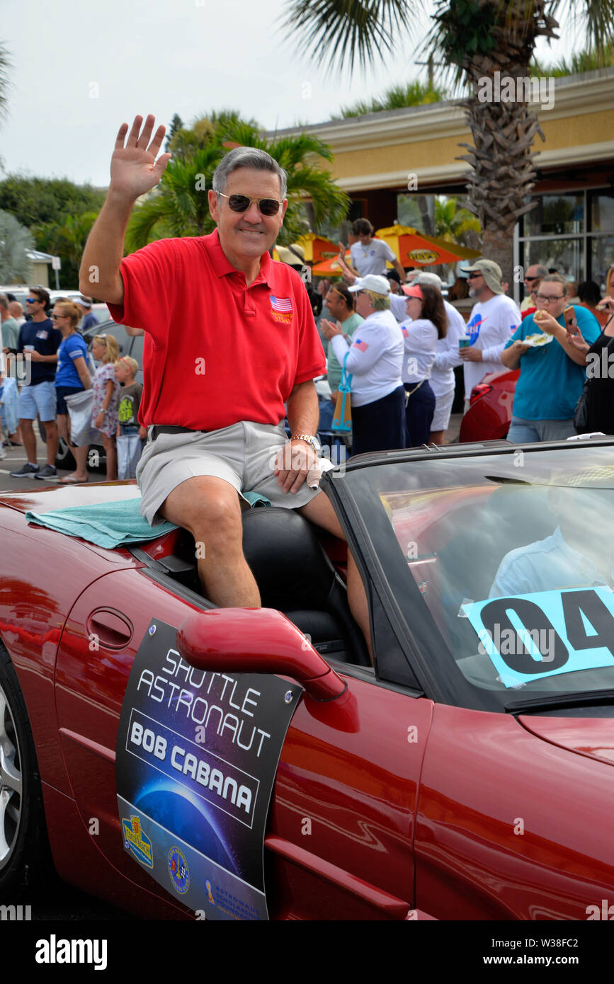 Cocoa Beach, Florida, USA. July 13, 2019. See our heroes as they ride through the City of Cocoa Beach in convertible Corvettes and witness the future of technology and innovation throughout the space industry! Former Apollo 15 Astronaut Al Worden with Space Shuttle Astronauts recreate the historic “Astronaut Corvette parade of the 60's.” Photo Credit: Julian Leek/Alamy Live News Stock Photo