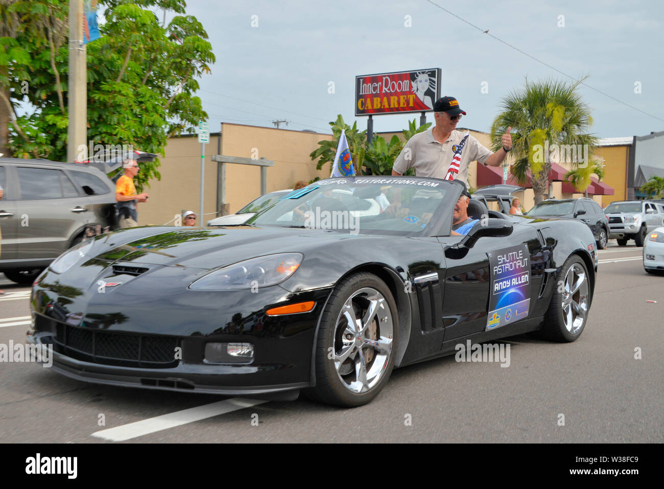 Cocoa Beach, Florida, USA. July 13, 2019. See our heroes as they ride through the City of Cocoa Beach in convertible Corvettes and witness the future of technology and innovation throughout the space industry! Former Apollo 15 Astronaut Al Worden with Space Shuttle Astronauts recreate the historic “Astronaut Corvette parade of the 60's.” Photo Credit: Julian Leek/Alamy Live News Stock Photo