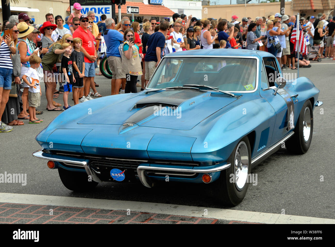 Cocoa Beach, Florida, USA. July 13, 2019. See our heroes as they ride through the City of Cocoa Beach in convertible Corvettes and witness the future of technology and innovation throughout the space industry! Former Apollo 15 Astronaut Al Worden with Space Shuttle Astronauts recreate the historic “Astronaut Corvette parade of the 60's.” Photo Credit: Julian Leek/Alamy Live News Stock Photo