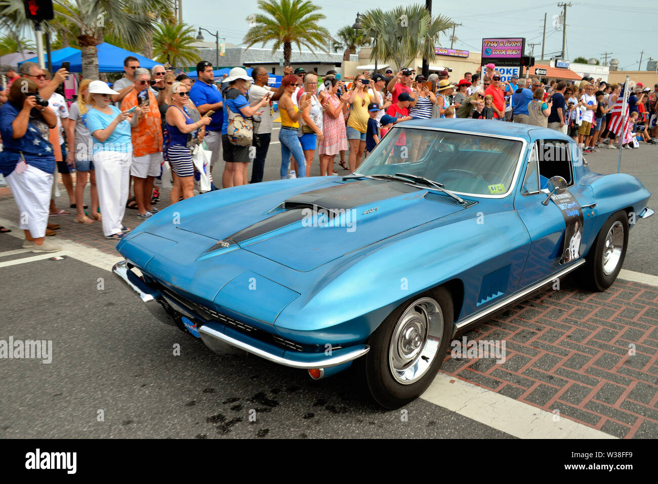 Cocoa Beach, Florida, USA. July 13, 2019. See our heroes as they ride through the City of Cocoa Beach in convertible Corvettes and witness the future of technology and innovation throughout the space industry! Former Apollo 15 Astronaut Al Worden with Space Shuttle Astronauts recreate the historic “Astronaut Corvette parade of the 60's.” Photo Credit: Julian Leek/Alamy Live News Stock Photo