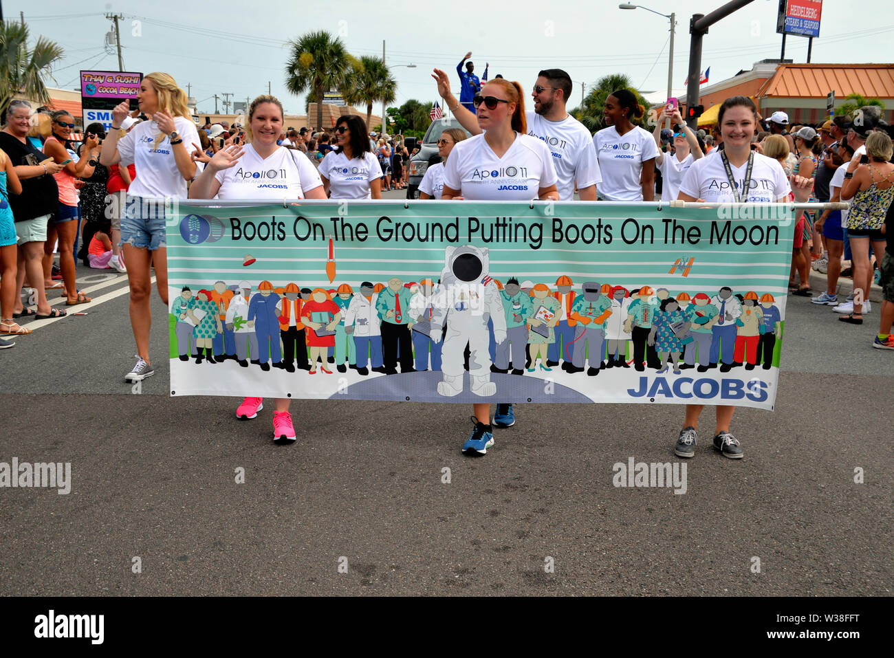 Cocoa Beach, Florida, USA. July 13, 2019. See our heroes as they ride through the City of Cocoa Beach in convertible Corvettes and witness the future of technology and innovation throughout the space industry! Former Apollo 15 Astronaut Al Worden with Space Shuttle Astronauts recreate the historic “Astronaut Corvette parade of the 60's.” Photo Credit: Julian Leek/Alamy Live News Stock Photo