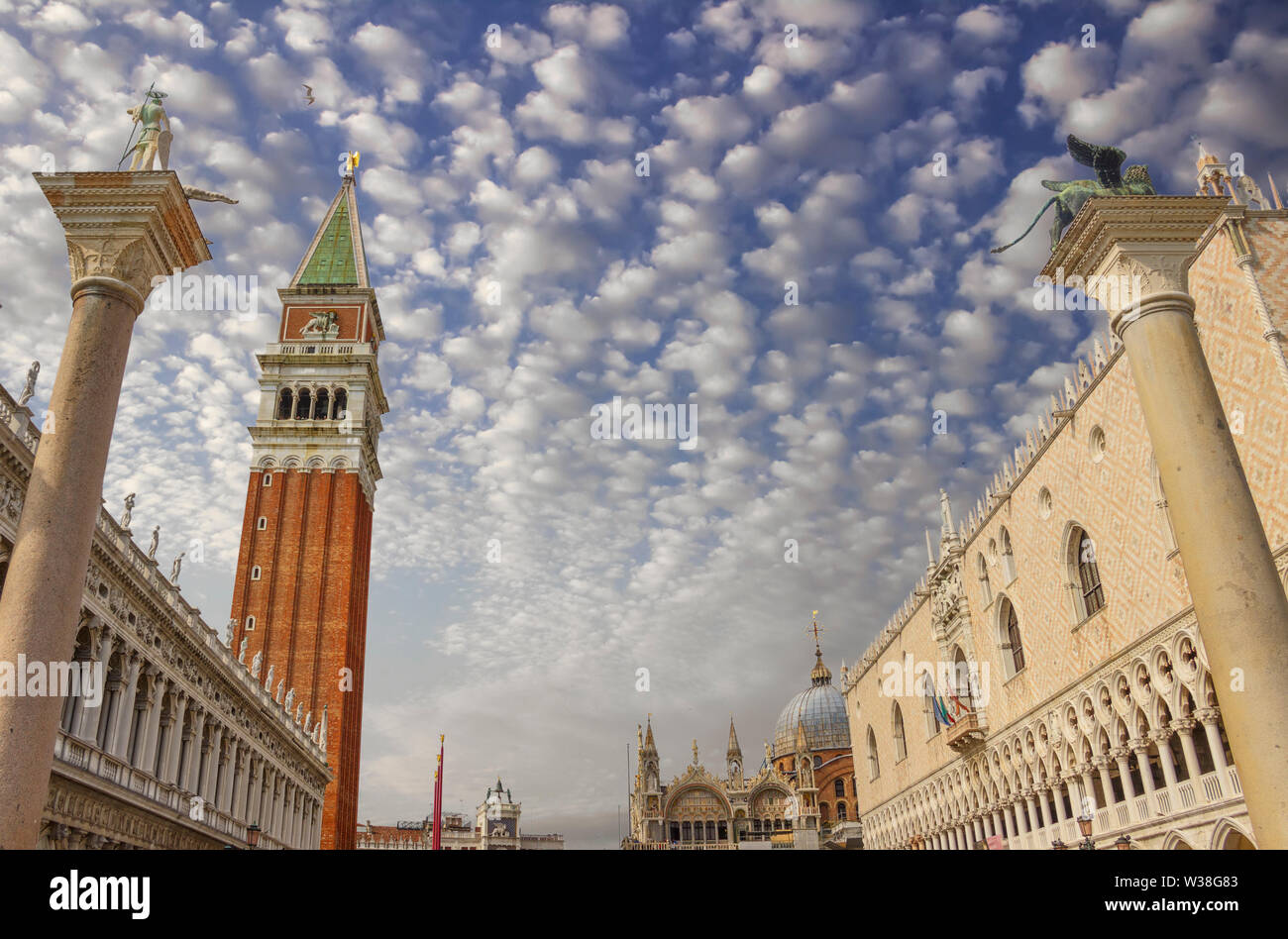 Piazza San Marco of Venice: National Library Marciana, Columns of San Marco and San Teodoro, Campanile, Doge's Palace. Stock Photo