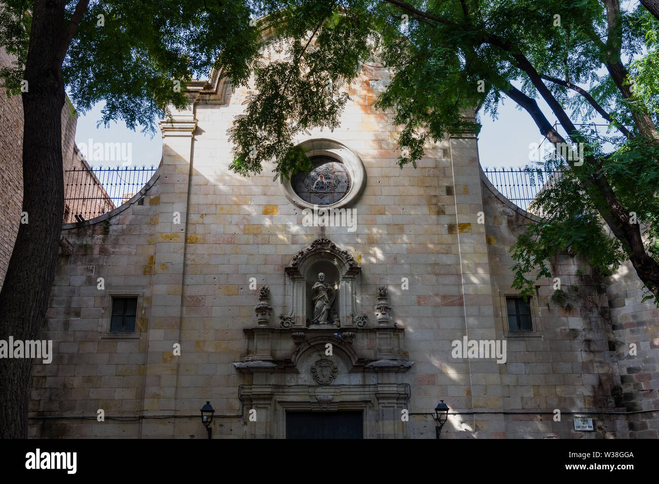 Plaza de Sant Felip Neri, the main facade bombed by pro-Francoist aviation. Barri Gotic, Barcelona. Spain. Stock Photo