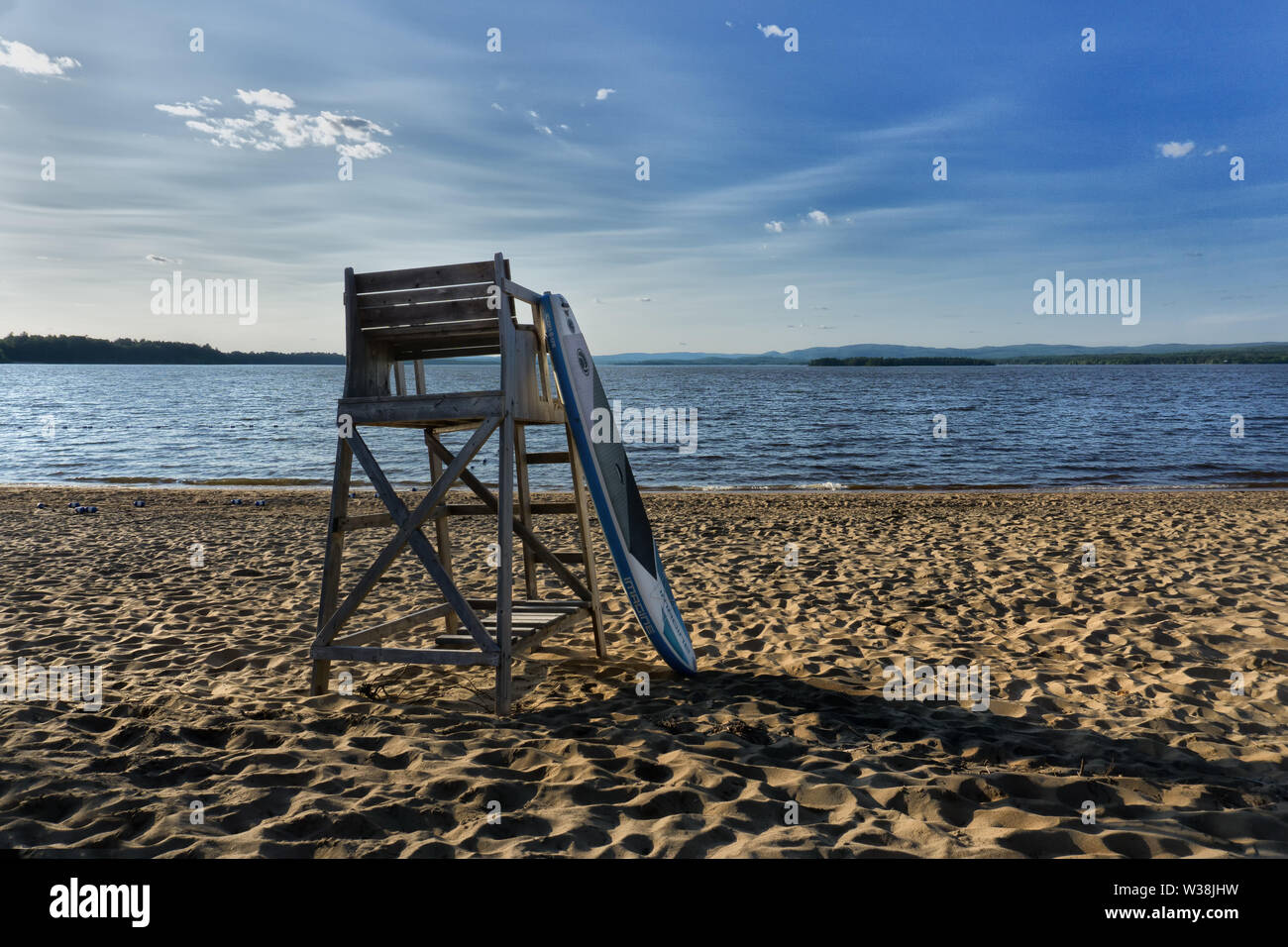 Canada, Petawawa, Black Bear Beach, a parked Standup Paddeling Board at the rescue tower, Stock Photo