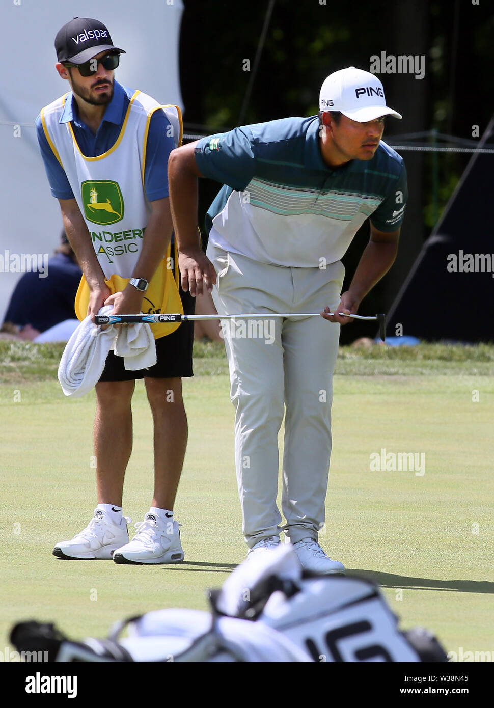 Silvis, Iowa, USA. 13th July, 2019. Sebastian Monoz looks over his putt on the 9th green during the third round of the John Deere Classic at TPC Deere Run in Silvis, Illinois Saturday, July 13, 2019. Credit: Kevin E. Schmidt/Quad-City Times/ZUMA Wire/Alamy Live News Stock Photo