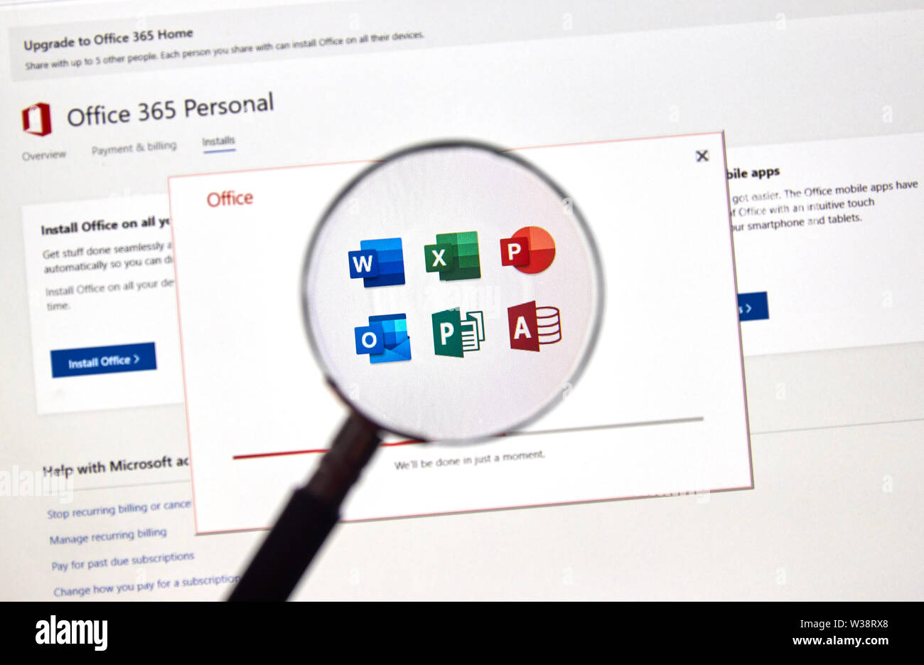 MONTREAL, CANADA - JULY 13, 2019: MIcrosoft Office 365 installation process on a laptop screen. Office 365 are subscription services offered by Micros Stock Photo