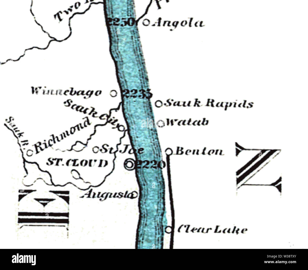 Winnebago (now Sartell) on the 1866 Mississippi river ribbon map Stock Photo