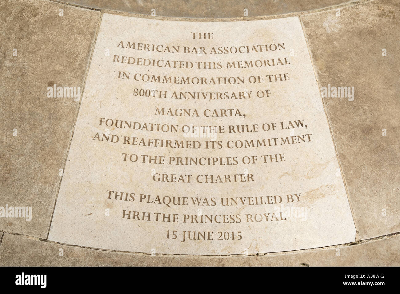The Magna Carta Memorial in Runnymede, Surrey, UK. Rededication stone with inscription from the American Bar Association on the 800th Anniversary Stock Photo