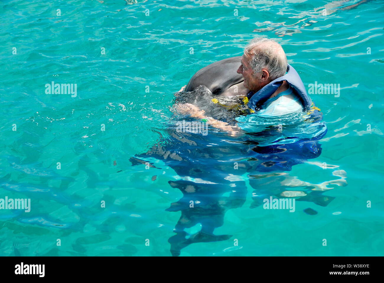 Swimming with the dolphins at Blue Lagoon Island near Nassau, Bahamas
