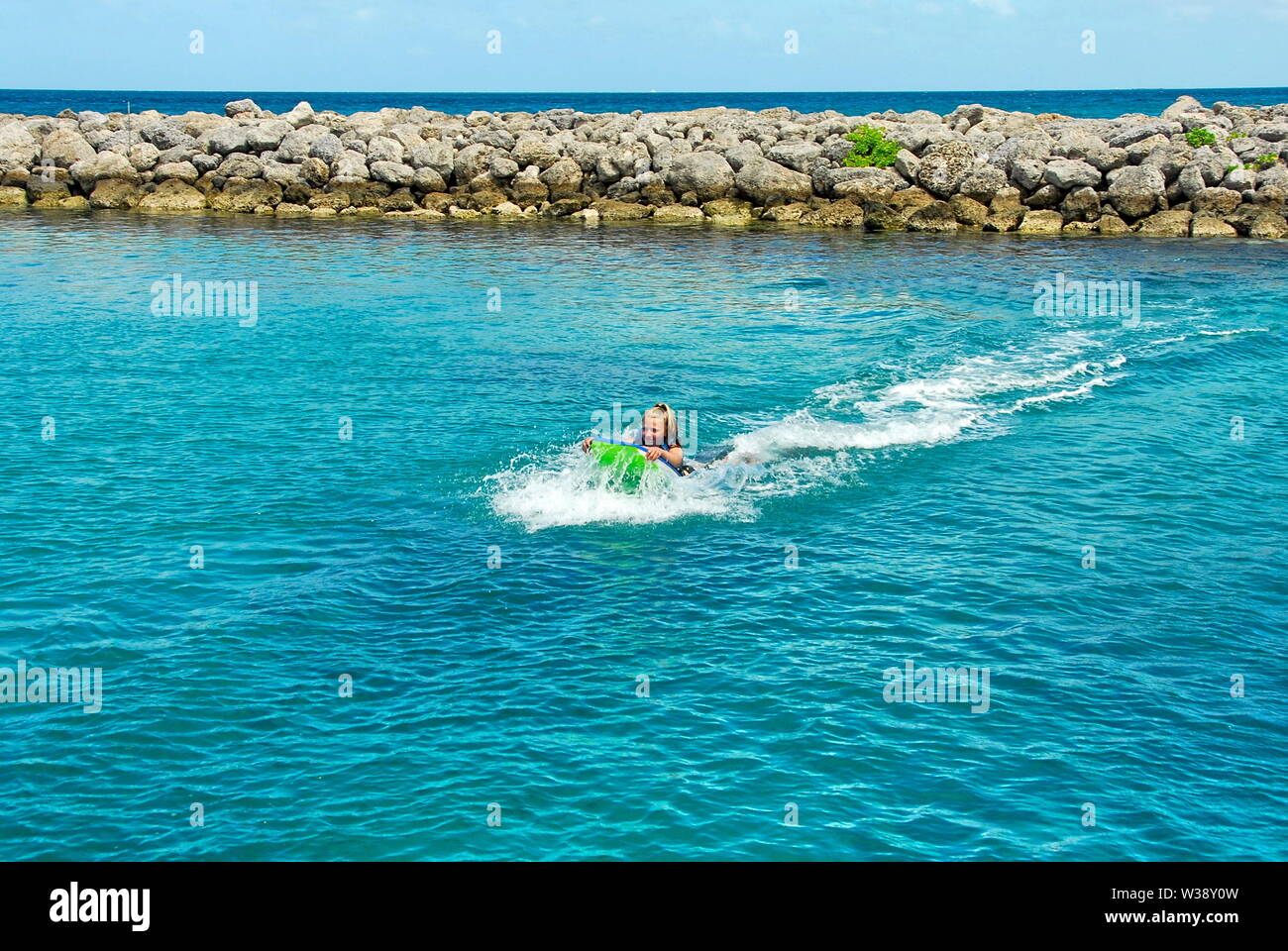 Swimming with the dolphins at Blue Lagoon Island near Nassau, Bahamas, a shore excursion from