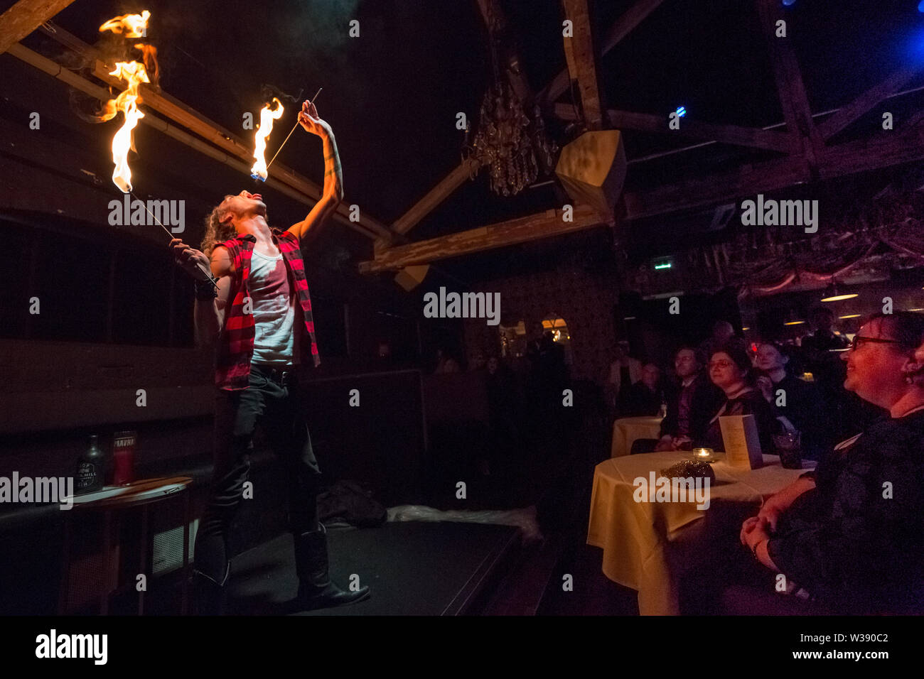 London, UK. 13th July, 2019. Heavy Metal Pete performs at VampFest ‘Children of the Night’ cabaret and burlesque show at The Birdcage Cabaret venue in Camden. Part of the annual International Vampire Film and Arts Festival (IVFAF). Credit: Guy Corbishley/Alamy Live News Stock Photo