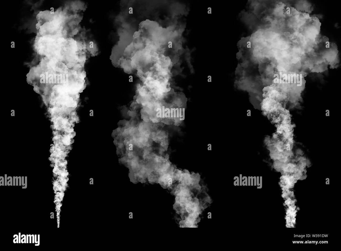 Set of three white smoke plumes on black background Stock Photo