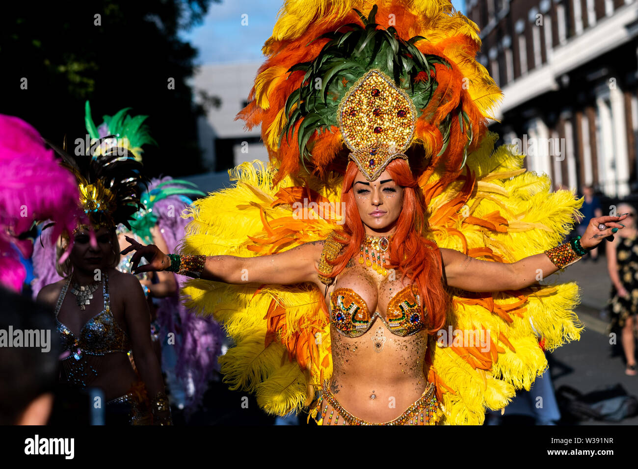Liverpool, UK. 13th July, 2019. Brazilica Festival carnival parade, which is the largest celebration of Brazilian culture in the United Kingdom, has taken place on Saturday, July 13, 2019 in Liverpool, in the north west of England. The event has been held annually since 2008 and attracts thousands of spectators. Credit: Christopher Middleton/Alamy Live News Stock Photo