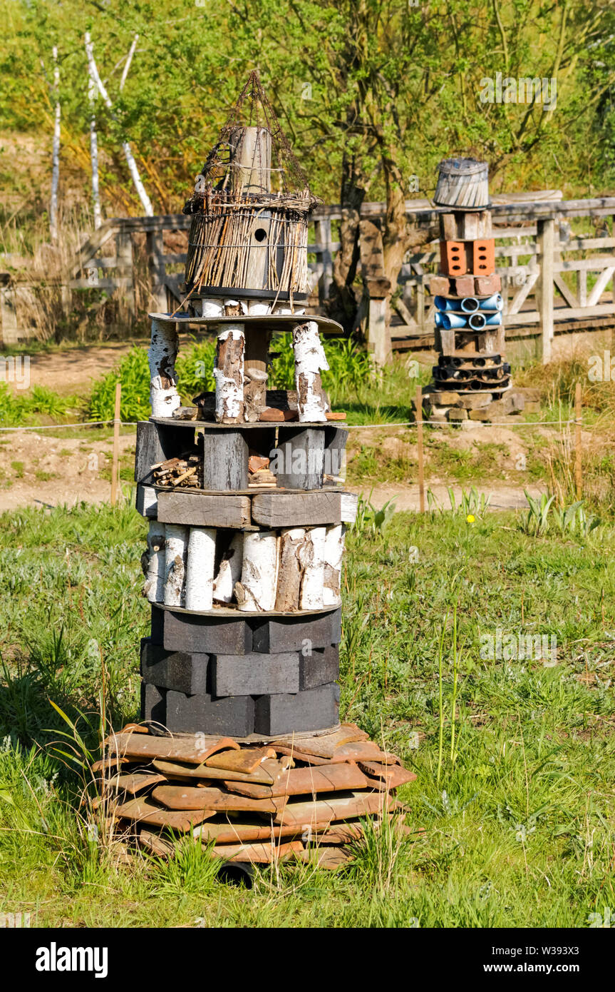 wild bee and insect hotels, natural bug shelter Stock Photo