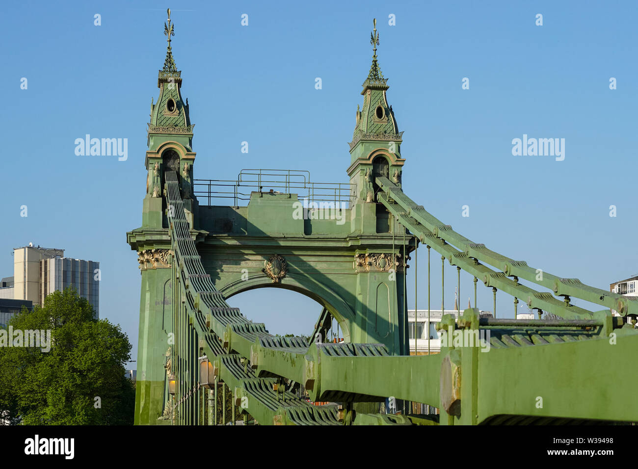 Hammersmith Bridge, a suspension bridge on the River Thames in London, England United Kingdom UK Stock Photo