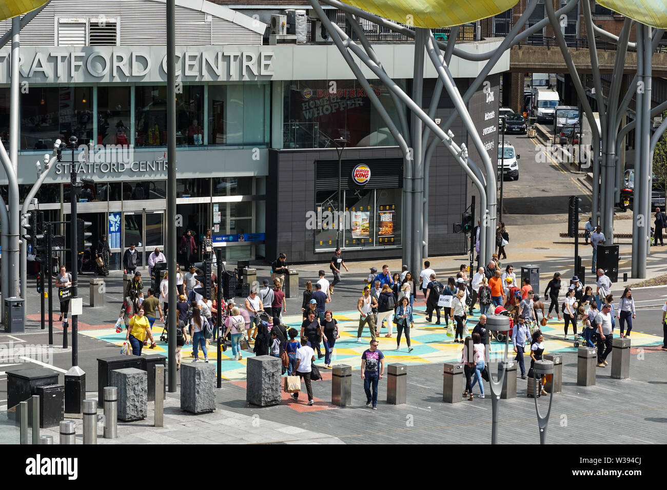 Brightly painted pedestrian crossing at Stratford, London England United Kingdom UK Stock Photo